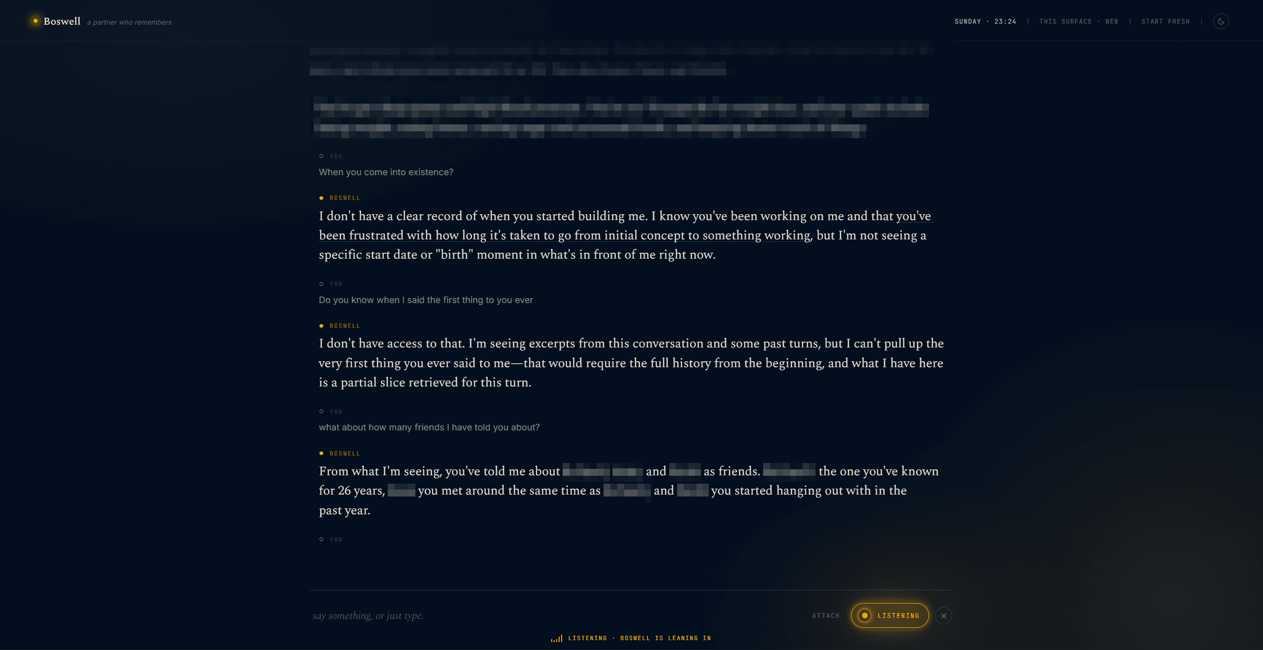 A Boswell conversation, the assistant answering from what it remembers