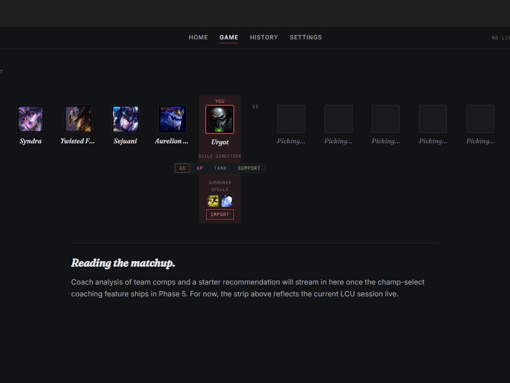 The desktop app in champ select: your pick with a build direction and summoner spells, the enemy team still picking