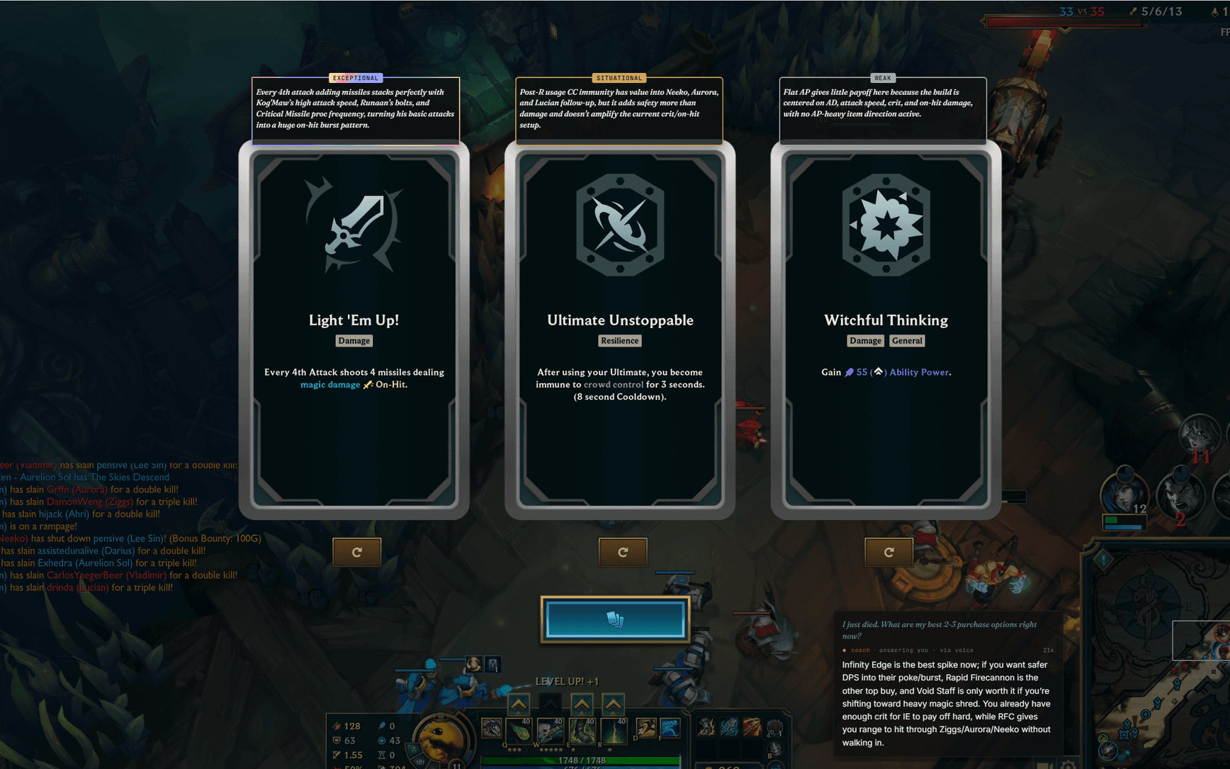 The in-game overlay: three augment cards, each with a coaching verdict above it, and the coach answering a question in the corner