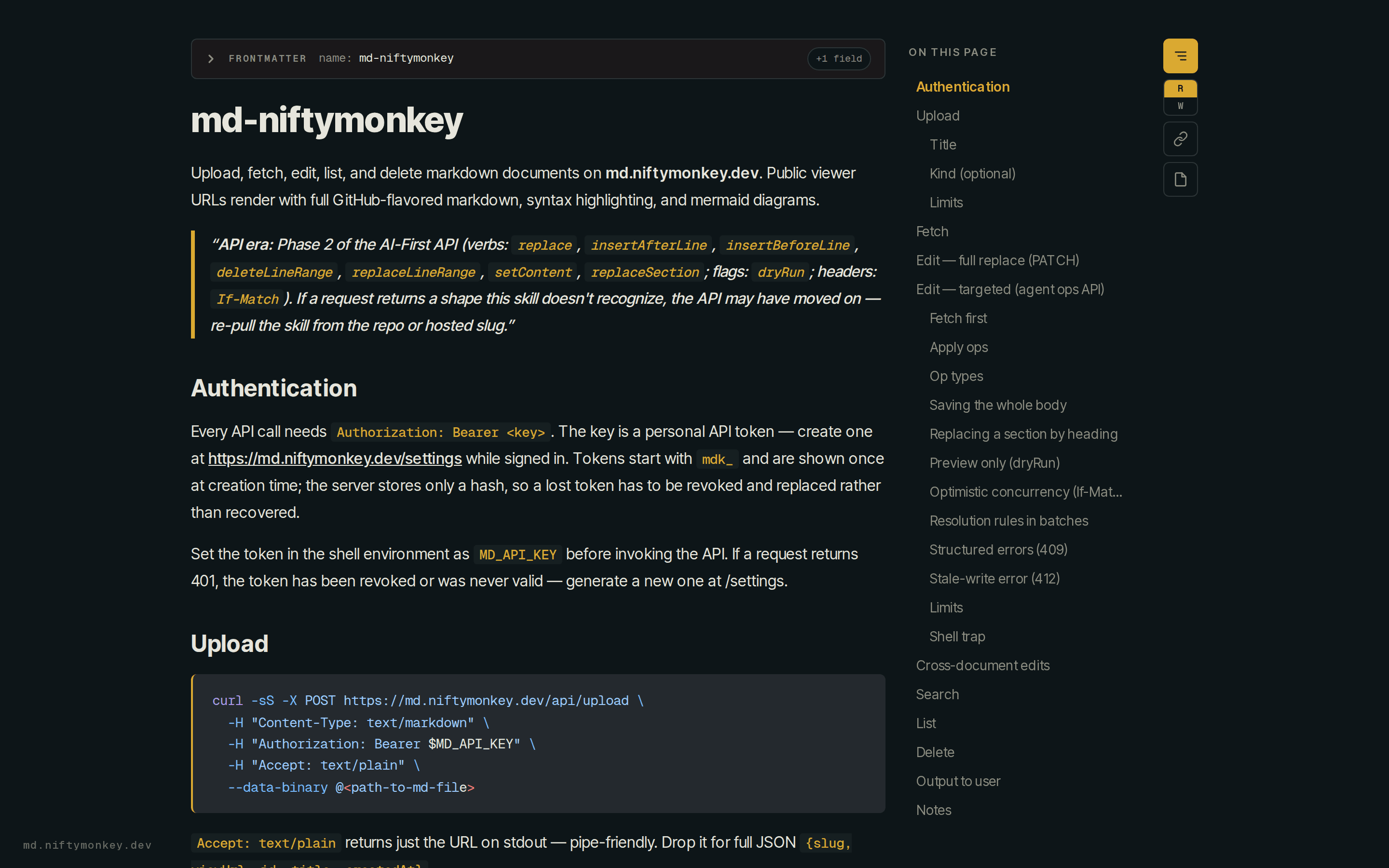 The md reader showing a document with its outline rail and a code block