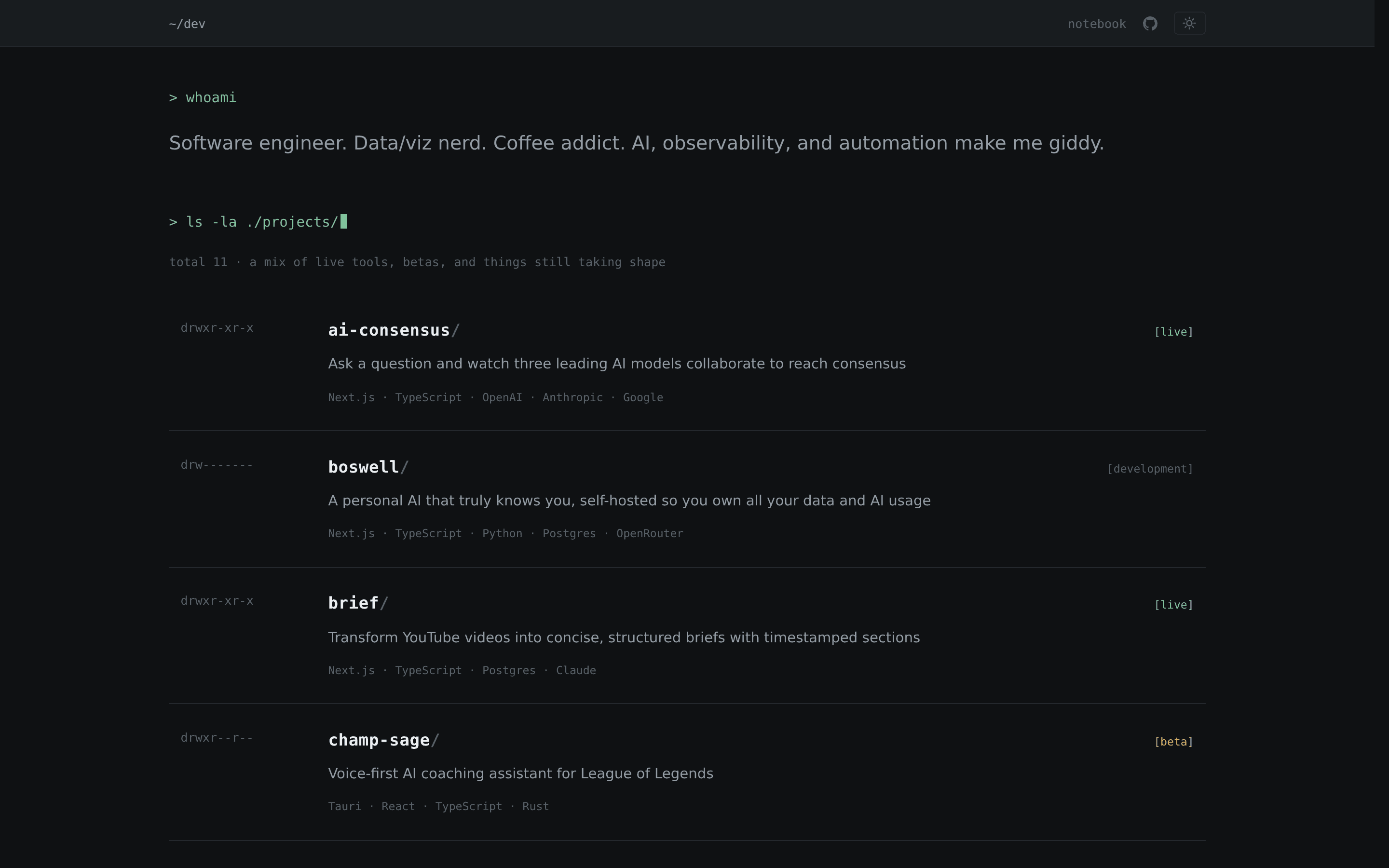 The niftymonkey.dev homepage: a whoami line and a directory listing of projects with permission strings