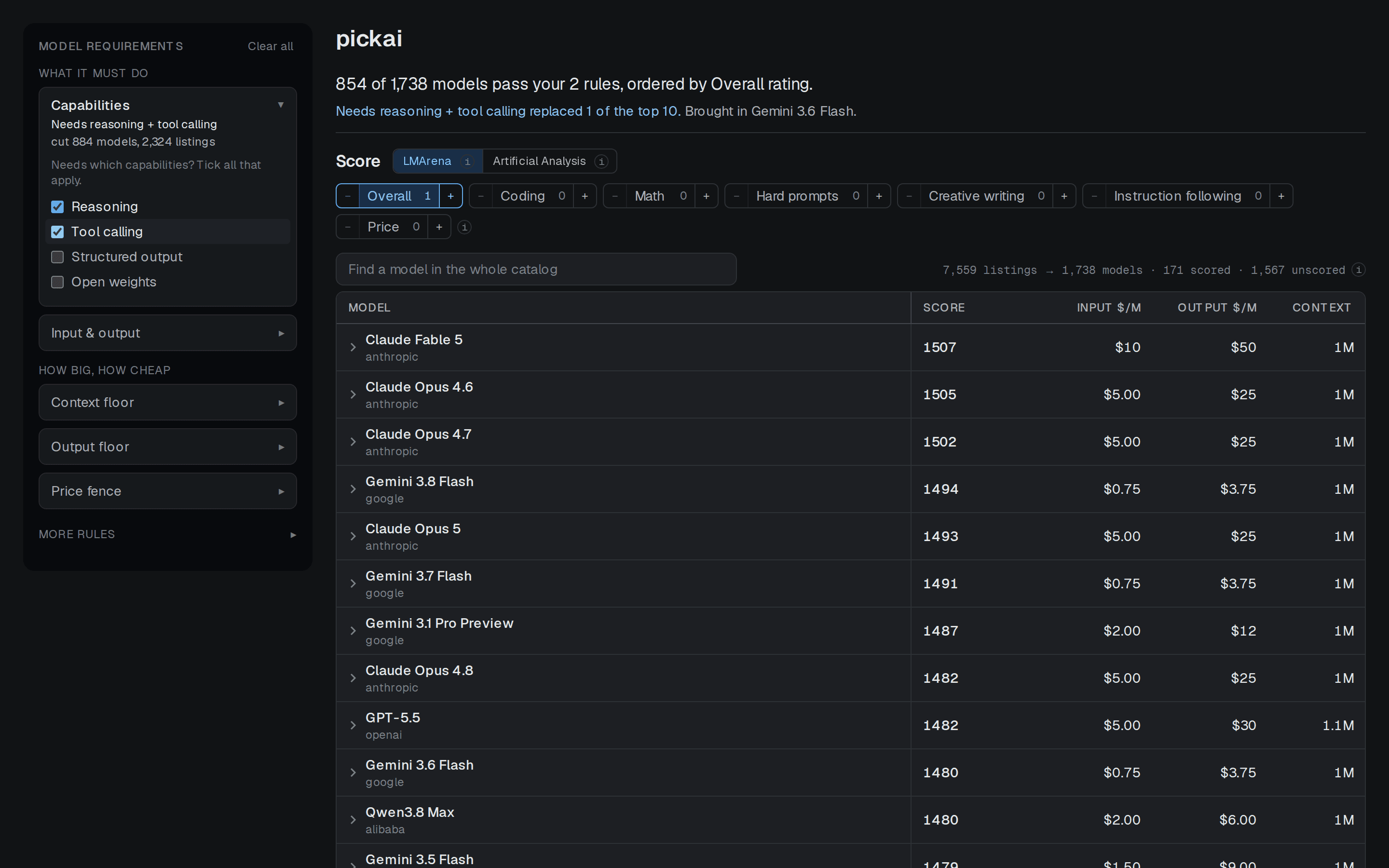 pickai with two capability rules applied, 854 of 1,738 models passing, ordered by rating