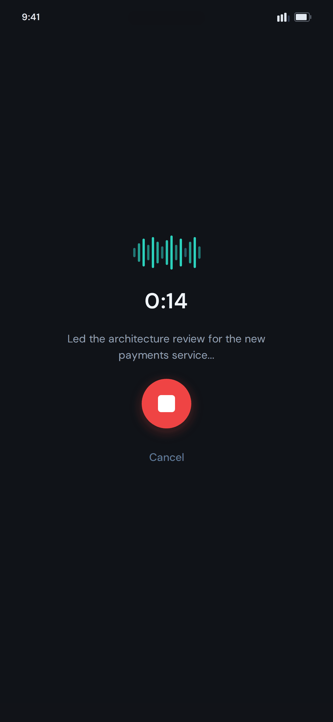 The ReviewKit recording overlay: a waveform, a timer, and the live transcript