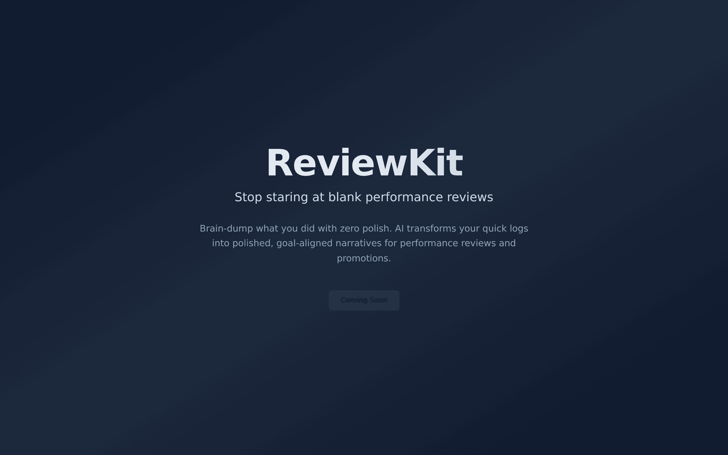 The ReviewKit landing page: a title, a tagline, and a coming soon button