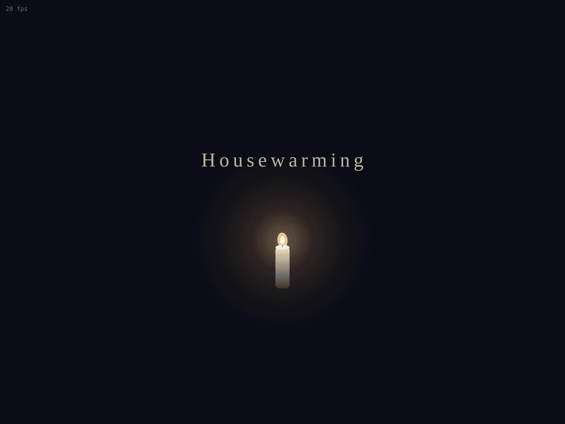 The Housewarming title screen: the name above a single lit candle in the dark