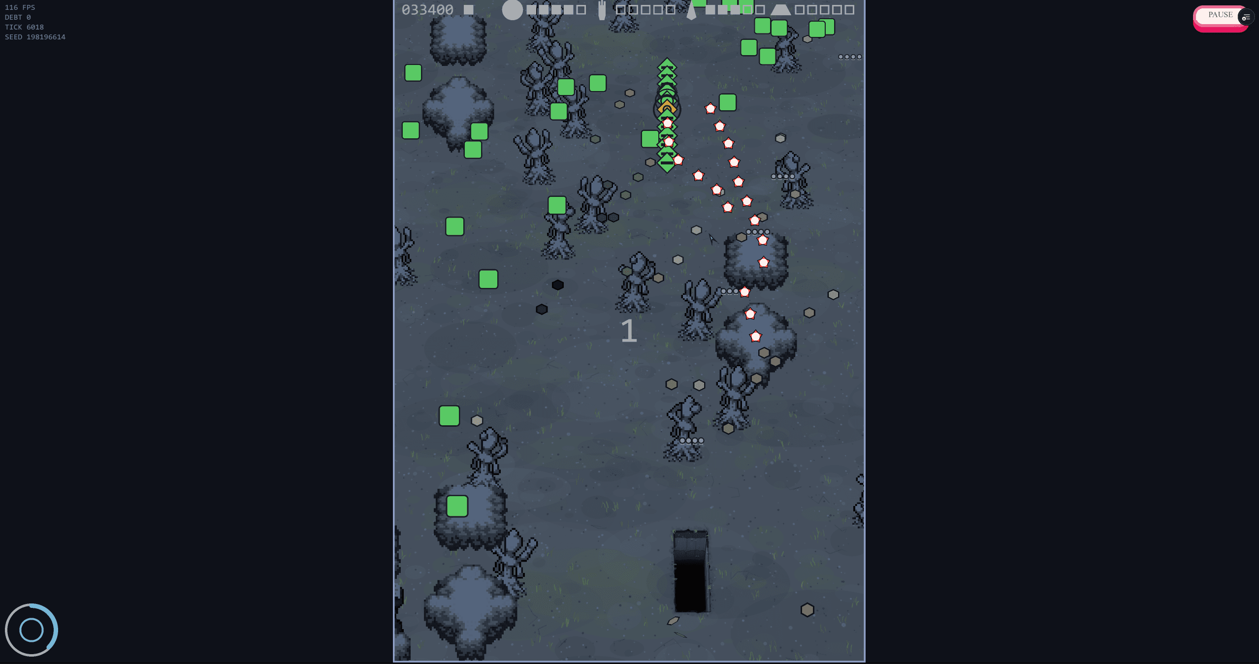 The Hungry Grave: a run replaying, rings of orbiting shots around the player