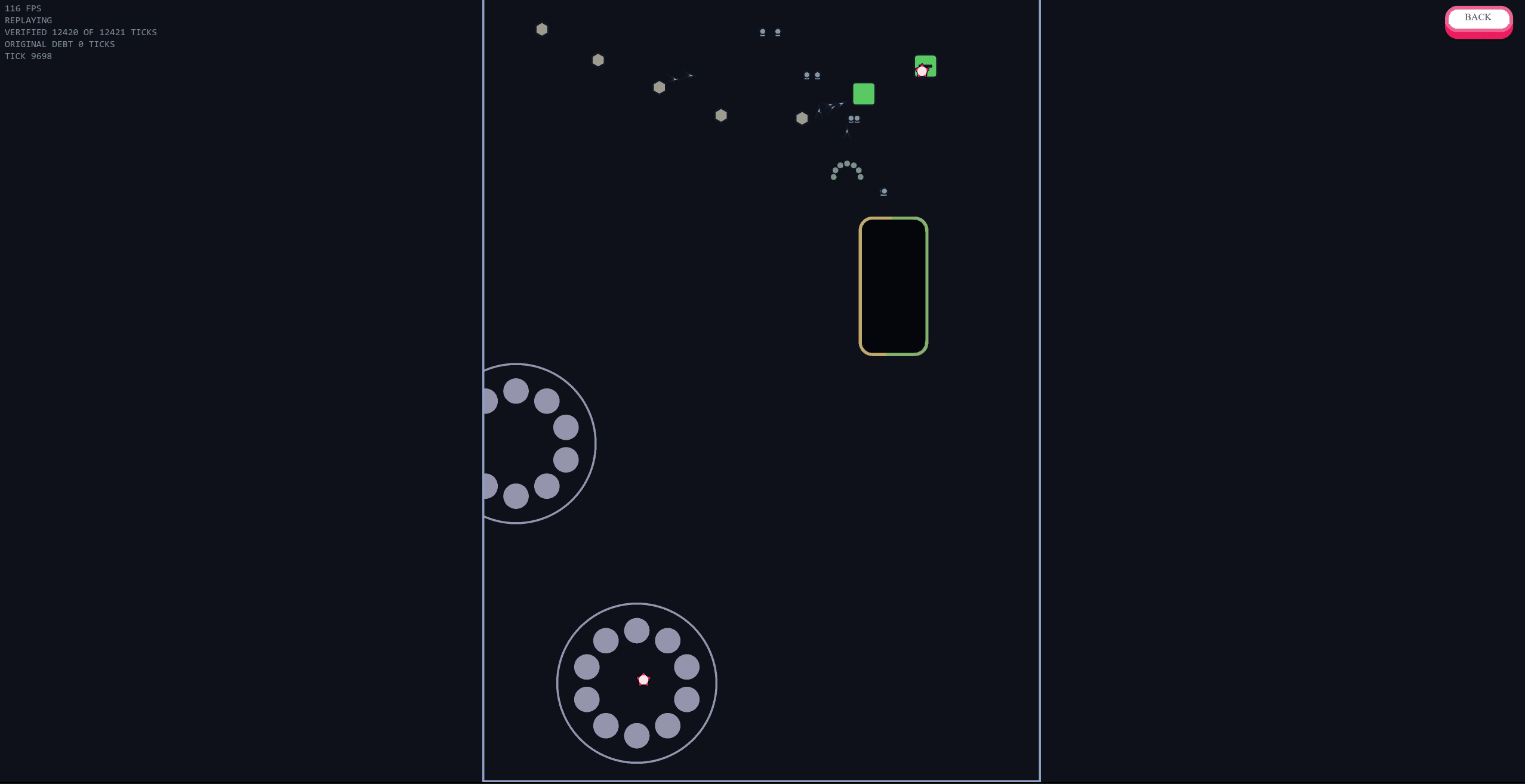 The replay route: a verified tape playing back at tick 9698, rings of orbiting shots around the player